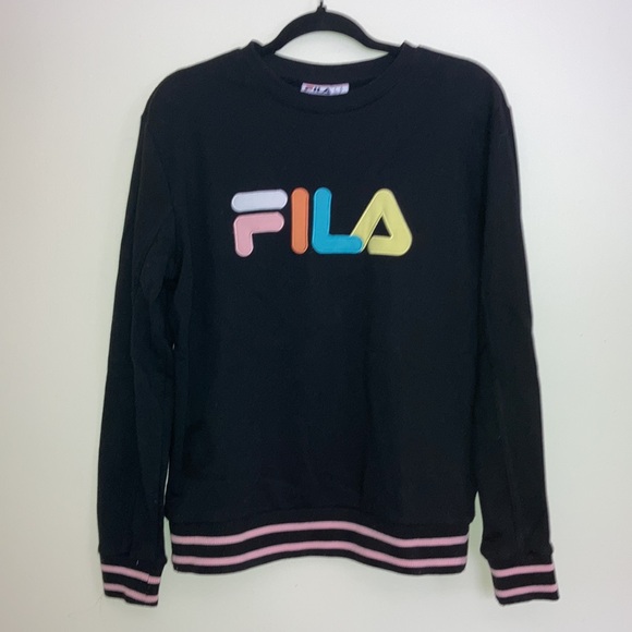 FILA Women's Black Sweater Colorful Pink Sweatshirt Long Sleeve Crewneck Top - Picture 6 of 8